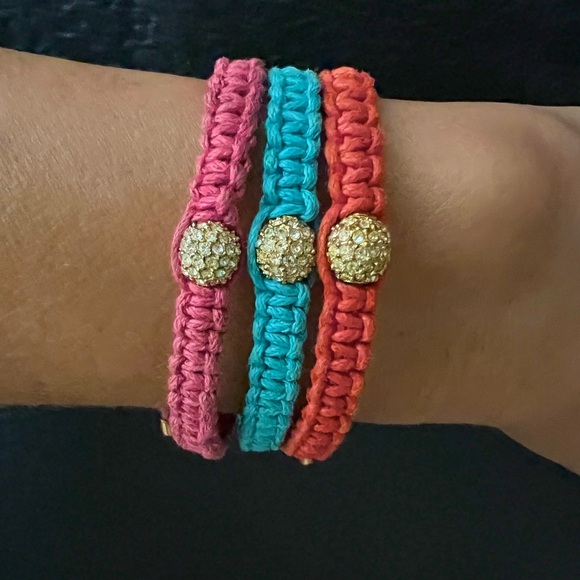 Michael Kors 3 ADJUSTABLE Macrame PINK ORANGE TURQUOISE Pave Fireball Bracelets - Picture 3 of 10